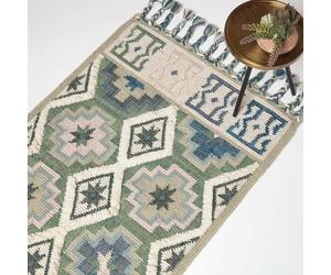 HOMESCAPES Tapis Kilim en Laine Matala, Tapis Rectangulaire 90x150 cm, Vert et Bleu Artisanal