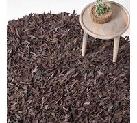 HOMESCAPES Tapis Moderne (150cm) Decoration Tapis Rond en Cuir Authentique et Poils Longs. Couleur Chocolat