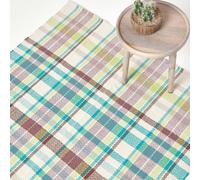 HOMESCAPES Tapis Wilson à carreaux bleus, verts et bruns, tissé main, 100 % coton, 150 x 240 cm