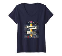 Homeschool Mom: Enseignant sans salaire Éducation drôle T-Shirt avec Col en V, Femme, Bleu Marine, XXL