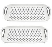 Homeshopa Lot de 2 plateaux de service antidérapants rectangulaires avec base à haute adhérence et poignées faciles à prendre en main Idéal pour le dîner des boissons en plastique blanc et pois en