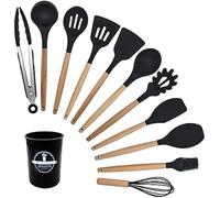 HOMESOFT Lot Ustensiles de Cuisine, 12 pièces, Silicone et Bois (Noir)