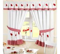 Homespace Direct Rideaux de Cuisine plissés à Motif Floral brodé - Bordure et embrasses à Carreaux Rouges, Polyester, Rouge/Blanc, 46 x 42-inch