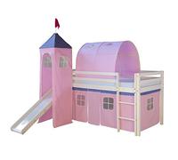 Homestyle4u 1496, lit loft pour enfants Avec toboggan, échelle, tour, tunnel, rideau rose, bois massif blanc, 90x200 cm