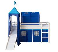 Homestyle4u 1497, lit loft pour enfants Avec toboggan, échelle, tour, tunnel, rideau bleu, bois massif blanc, 90x200 cm