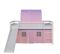 Homestyle4u 1567, Lit de Camp 90x200 Blanc, Lit Mezzanine avec Toboggan Rideau Tunnel Rose, Bois de pin