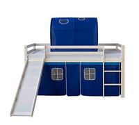 Homestyle4u 1568, lit d'enfant 90x200 Blanc, lit Mezzanine avec Rideau Coulissant Bleu Tunnel, Bois de pin