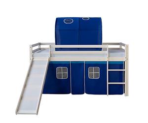 Homestyle4u 1568, lit d'enfant 90x200 blanc, lit mezzanine avec rideau coulissant bleu tunnel, bois de pin