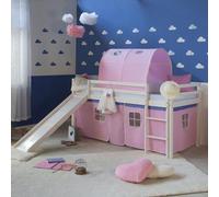 Homestyle4u 2554 Lit mezzanine, pour enfant, blanc, 90 x 200 cm, en bois de pin rose, avec tunnel, échelle, rideau, toboggan, sommier à lattes