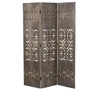 Homestyle4u 3 pan Pliable Denim de Paravent Gris diviseur Bois Chambre avec Sculpture