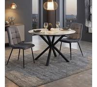 Homestyle4u 3083 Ensemble de salle à manger ronde avec 2 chaises rembourrées, structure en métal, pour cuisine et salon, petite table aspect pierre et 2 chaises Gris