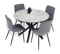 Homestyle4u 3086 - Ensemble de 5 pièces - Table à manger ronde Ø 110 cm et 4 chaises rembourrées - Structure en métal, plateau de table aspect pierre - Ensemble moderne