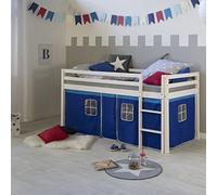Homestyle4u Lit loft 519 pour enfants avec échelle, rideau bleu, bois de pin massif blanc, 90x200 cm