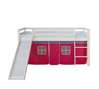 Homestyle4u 540, lit loft pour Enfants avec Toboggan, échelle, Rideau Rose, Bois de pin Massif Blanc, 90x200 cm