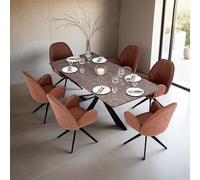 Homestyle4u Ensemble de salle à manger avec 6 chaises 200 x 100 cm, table moderne, chaises rembourrées, pivotantes, en cuir bouclé marron, pour 6 personnes
