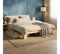 Homestyle4u Lit 180 x 200 cm avec 2 tiroirs et 2 matelas - Naturel - Lit double avec 2 tiroirs de lit et sommier à lattes - En bois - Espace de rangement - Pour chambre à coucher, chambre d'amis et
