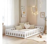 Homestyle4u Lit de sol, 120 x 200 cm, blanc, Montessori, pour enfant, avec protection anti-chute, en bois, sommier à lattes