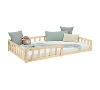 Homestyle4u Lit de sol, 120 x 200 cm, naturel, Montessori en bois, pour enfant, avec protection anti-chute, sommier à lattes