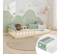 Homestyle4u Lit de sol, pour enfant, 90 x 200 cm, avec matelas, protection anti-chute, sommier à lattes, en bois naturel, Montessori