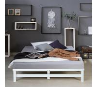 Homestyle4u Lit double en bois de pin massif, blanc, 140 x 200 cm, avec matelas, sommier à lattes, lit en palettes