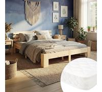 Homestyle4u Lit en bois 140 x 200 cm avec matelas à ressorts et sommier à lattes, lit double en bois de pin naturel