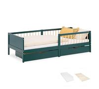 Homestyle4u Lit en bois, 90 x 200 cm, avec matelas et sommier à lattes, 2 tiroirs, espace de rangement, protection anti-chute, vert en pin