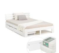 Homestyle4u Lit en bois blanc 180 x 200 cm avec matelas et 2 tiroirs de lit | Cadre de lit avec sommier à lattes en bois de pin massif, lit double futon