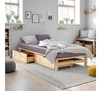 Homestyle4u Lit en bois massif, 100 x 200 cm, avec espace de rangement, 2 tiroirs, cadre de lit en pin naturel, avec sommier à lattes