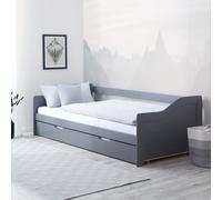 Homestyle4u Lit gigogne 90 x 200 cm avec tiroir et 2 matelas - Sommier à lattes - Lit de jour extensible - Lit d'appoint - Gris en pin massif