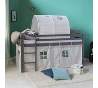 Homestyle4u Lit loftbed 90 x 200 cm gris avec lattes Bunk Bed Childrens Bed Solid Pin Wood Curtain Tunnel Stars