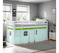 Homestyle4u Lit mezzanine 90 x 200 cm blanc avec rideau vert - Lit d'enfant | Lit mezzanine stable pour enfant en pin massif, avec échelle et protection anti-chute, espace de jeu idéal avec rideau en