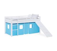 Homestyle4u Lit mezzanine, 90 x 200 cm, en bois de pin, avec toboggan, blanc, avec rideau bleu, article 2986