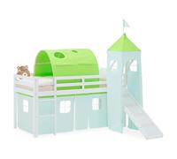 Homestyle4u Lit mezzanine, 90 x 200 cm, en bois de pin, avec toboggan, rideau vert, article 2971