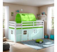 Homestyle4u Lit mezzanine, 90 x 200 cm, vert, avec bordure en tissu, protection anti-chute, tunnel de lit, échelle, en pin massif