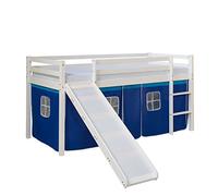 Homestyle4u Lit Mezzanine 90x200 Blanc Lit d'enfant avec Toboggan Rideau Bleu Bois pin Massif