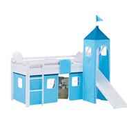 Homestyle4u Lit mezzanine, avec sommier à lattes, toboggan et tour 90 x 200 cm, blanc, en bois de pin, avec rideau bleu, article 2993