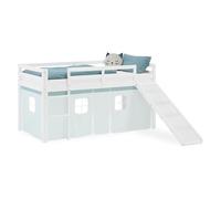 Homestyle4u Lit mezzanine avec toboggan 90 x 200 cm, blanc, lit d'enfant, en bois de pin, avec rideau vert menthe, article 2932