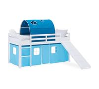 Homestyle4u Lit mezzanine avec toboggan 90 x 200 cm, blanc, lit d'enfant en bois de pin, avec tunnel rideau bleu, article 2988