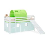 Homestyle4u Lit mezzanine avec toboggan 90 x 200 cm, blanc, lit d'enfant en bois de pin, avec tunnel rideau vert, article 2970