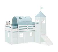 Homestyle4u Lit mezzanine avec toboggan 90 x 200 cm blanc, lit enfant en bois de pin, avec tour tunnel rideau vert menthe article 2935