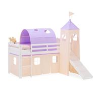 Homestyle4u Lit mezzanine avec toboggan 90 x 200 cm blanc, lit enfant en bois de pin, avec tour tunnel rideau beige violet article 2953