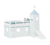 Homestyle4u Lit mezzanine avec toboggan et tour 90 x 200 cm, blanc, lit d'enfant, en bois de pin, avec rideau vert menthe, article 2933