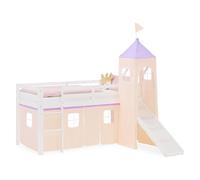 Homestyle4u Lit mezzanine avec toboggan et tour 90 x 200 cm, blanc, lit d'enfant, en bois de pin, avec rideau beige et violet, article 2951
