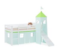 Homestyle4u Lit mezzanine avec toboggan et tour 90 x 200 cm, blanc, lit d'enfant, en bois de pin, avec rideau vert, article 2969