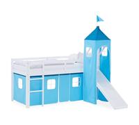 Homestyle4u Lit mezzanine avec toboggan et tour 90 x 200 cm, blanc, lit d'enfant, en bois de pin, avec rideau bleu, article 2987