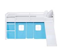 Homestyle4u Lit mezzanine, avec toboggan, sommier à lattes, 90 x 200 cm, blanc, en bois de pin, avec rideau bleu, article 2992