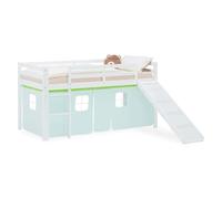 Homestyle4u Lit mezzanine, avec toboggan, sommier à lattes, 90 x 200 cm, blanc, en bois de pin, avec rideau vert, article 2980