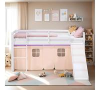 Homestyle4u Lit mezzanine, avec toboggan, sommier à lattes, 90 x 200 cm, blanc, en bois de pin, avec rideau beige et violet, article 2956