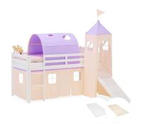 Homestyle4u Lit mezzanine avec toboggan - Sommier à lattes - 90 x 200 cm - Blanc - En bois de pin - Avec tour tunnel - Rideau beige et violet - Article 2965