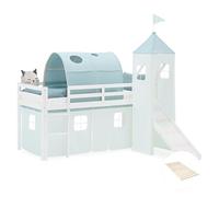 Homestyle4u Lit mezzanine, avec toboggan, sommier à lattes, 90 x 200 cm, blanc, en bois de pin, avec tour et rideau vert menthe, article 2941